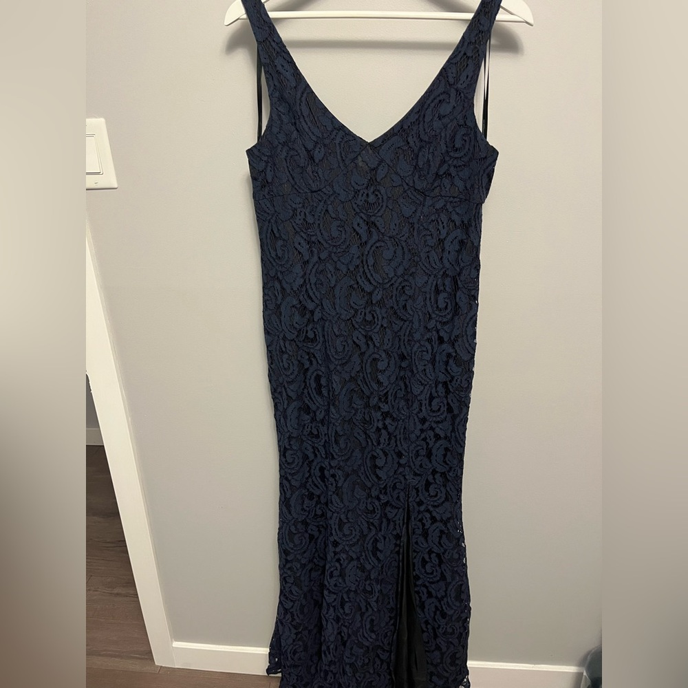 Bcbg formal lace dress, size 12, black with navy lace overlay